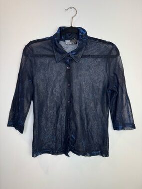 Vintage Sheer mesh Navy Blue floral sheen iridescent Button-Up Shirt  whimsigoth
